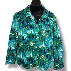 Small Drapers And Damons Green Tropical Print Jacket Long Sleeve Blue Green